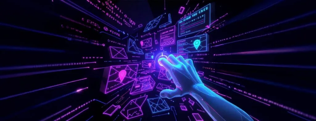 abstrakte Hand in Neonfarben, die auf verschiedene Internetseiten zugreift