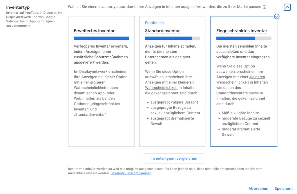 Google-Ads-Einstellung „Eignung der Inhalte“: Auswahl des Inventartyps