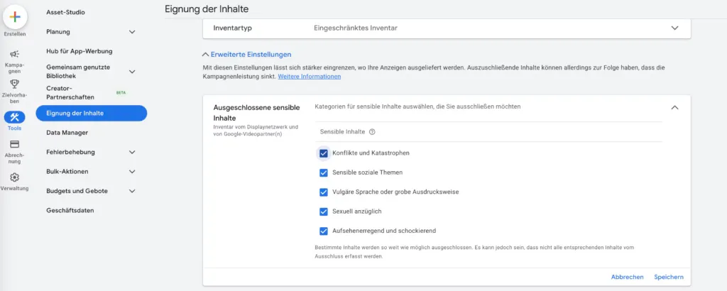 Google-Ads-Einstellung „Eignung der Inhalte“: Ausschluss sensibler Inhalte