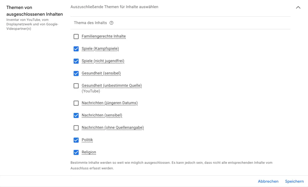Google-Ads-Einstellung „Eignung der Inhalte“: Themen ausgeschlossener Inhalte