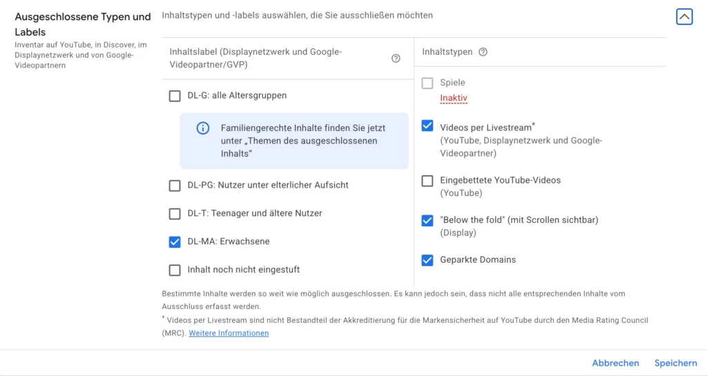 Google-Ads-Einstellung „Eignung der Inhalte“: Ausschluss von Inhaltstypen und Labels