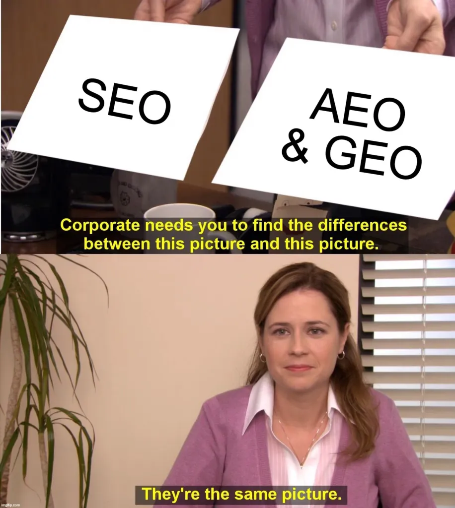 Meme über den Unterschied zwischen SEO, GEO und AEO