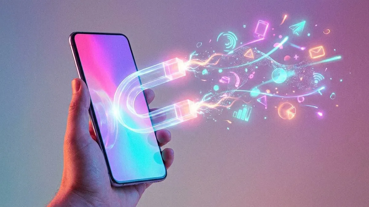 Ein Smartphone wird von einem glühenden Magneten erfasst und zieht Symbole und Daten an.