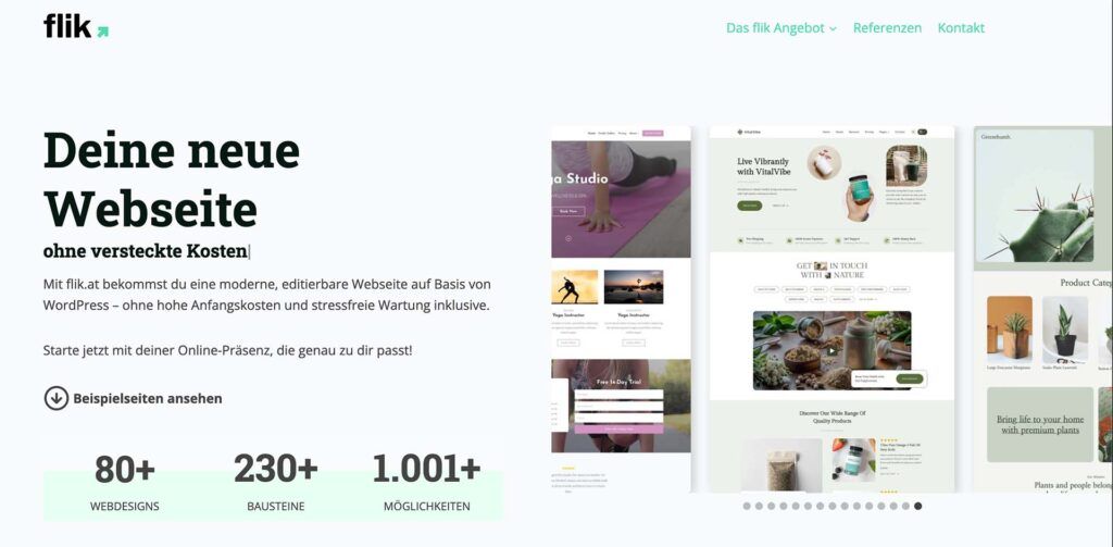 Screenshot von flik.at zeigt Angebot für moderne WordPress-Webseiten mit Beispielen, Leistungszahlen und Button zu Vorlagen.