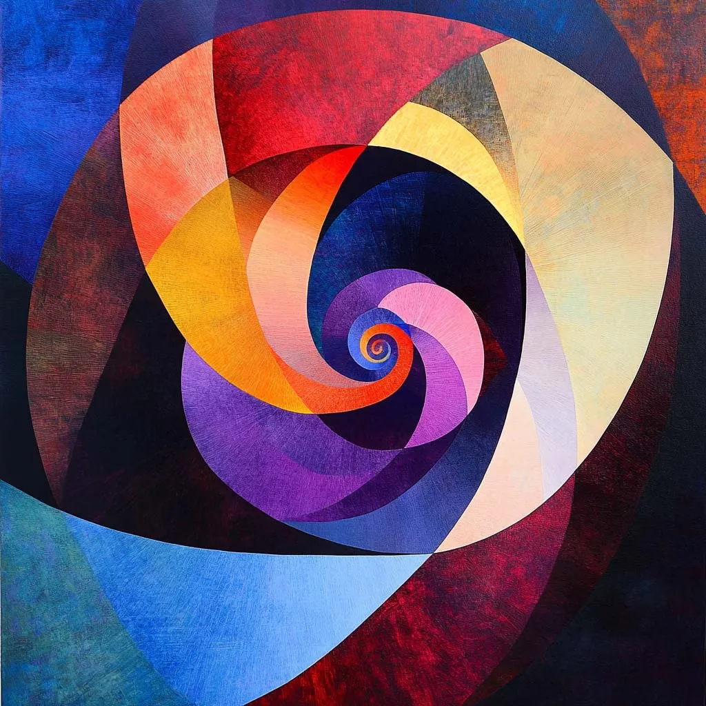 Abstrakte Spirale aus kräftigen Farbbögen in Rot, Blau, Gelb und Violett – überlagert in dynamischer Komposition.