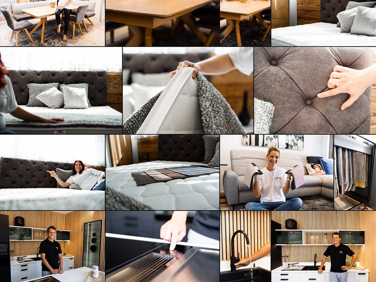 Showroom- und Detailaufnahmen bei Möbel Polt: Sofas, Betten, Küchen und Beratung – alles rund ums Wohnen.