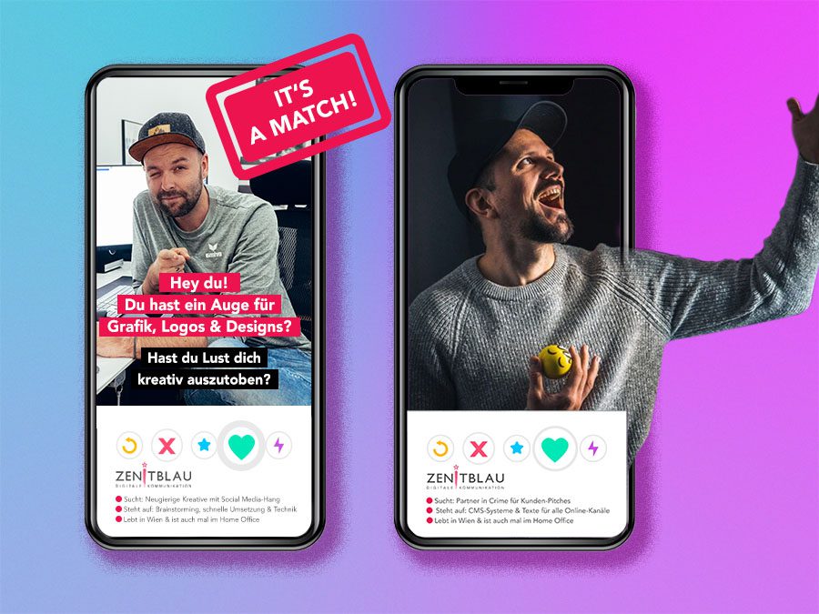 Markus sucht kreative Köpfe für Grafik & Design, rechts freut sich Stefan über das perfekte Match bei ZENITBLAU.