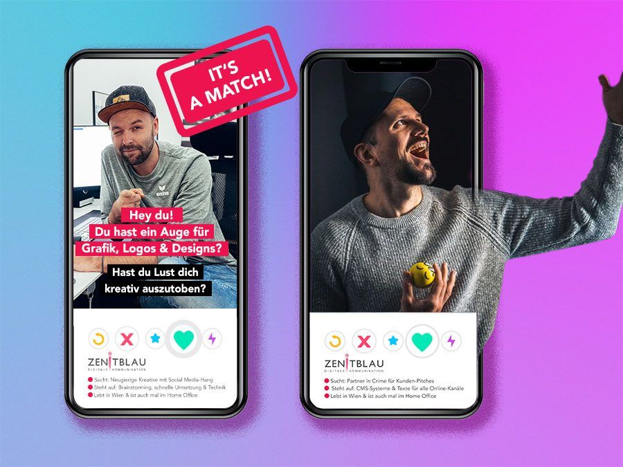Markus sucht kreative Köpfe für Grafik & Design, rechts freut sich Stefan über das perfekte Match bei ZENITBLAU.