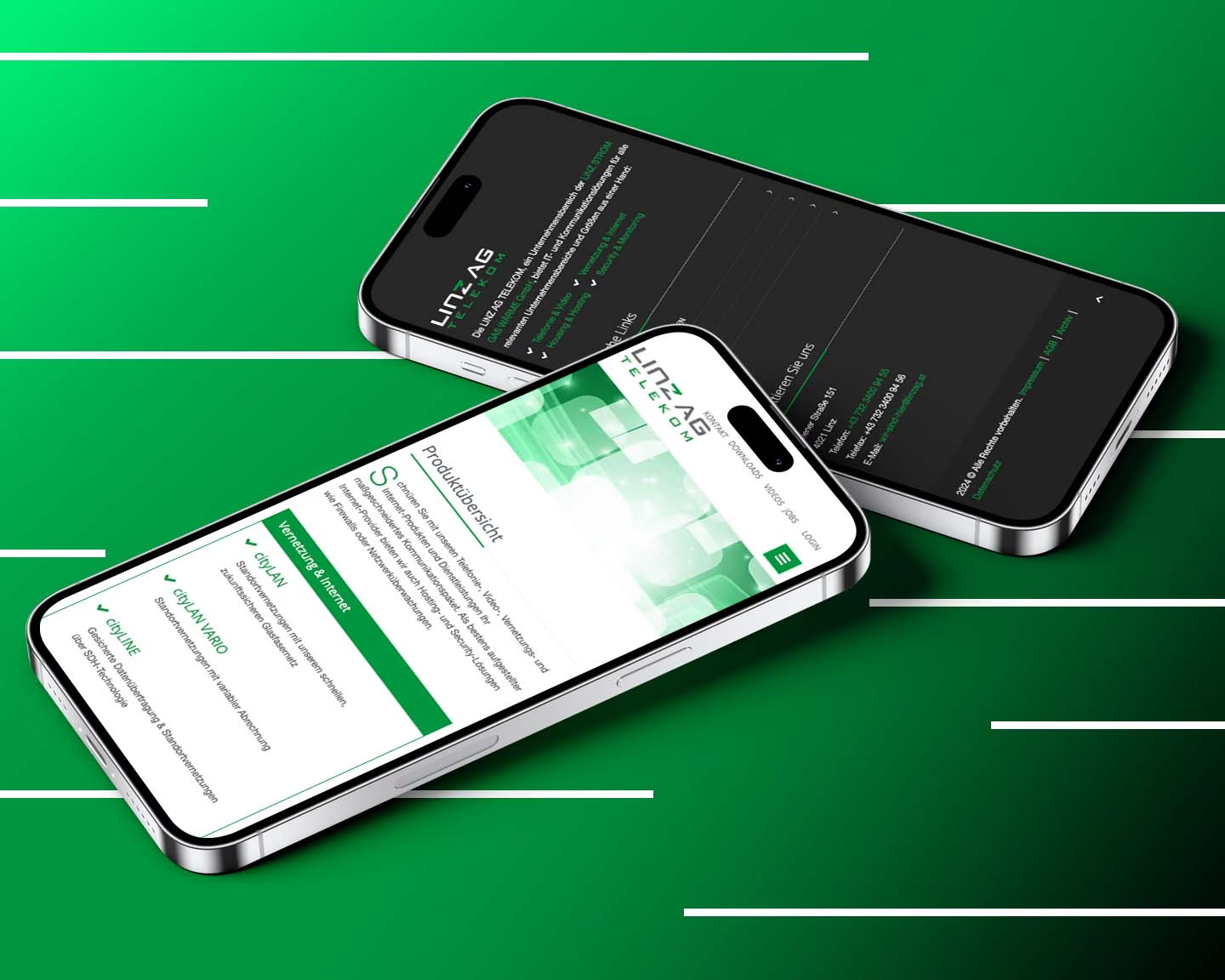 Zwei Smartphones zeigen die Website von LINZ AG Telekom mit Produktübersicht und Footeransicht auf grünem Hintergrund.