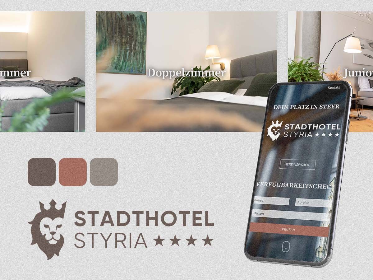 Branding-Design für Stadthotel Styria mit Logo, Farben, Zimmerbildern und mobiler Buchungsansicht am Smartphone.