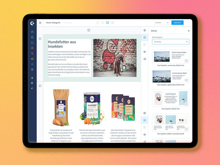 Shopware 6 Admin Oberfläche am Tablet vor orange-pinkem Hintergrund