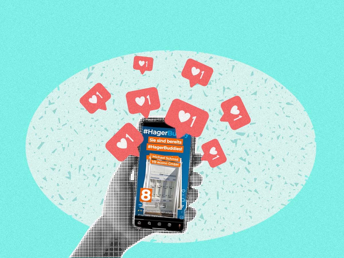 Illustration: Smartphone mit HagerBuddy-Post und Like-Icons, Symbol für Reichweite, Interaktion und Social Media Community.