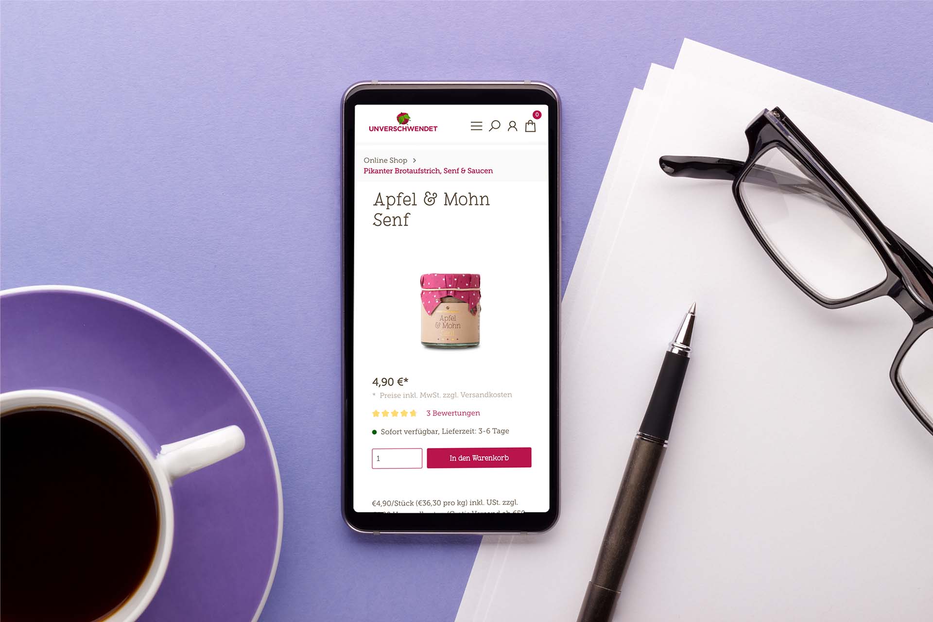 Unverschwendet Onlineshop auf Mobilgerät geöffnet