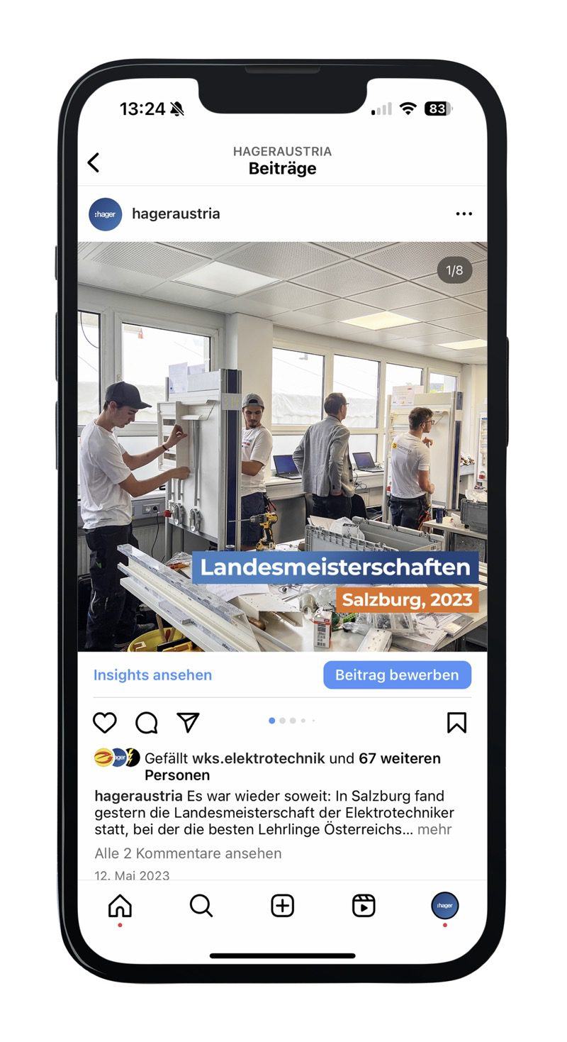 Social Media & Content Marketing für Hager Österreich 8 Instagram-Post zur Landesmeisterschaft 2023 in Salzburg: Lehrlinge arbeiten an elektrotechnischen Prüfstationen.