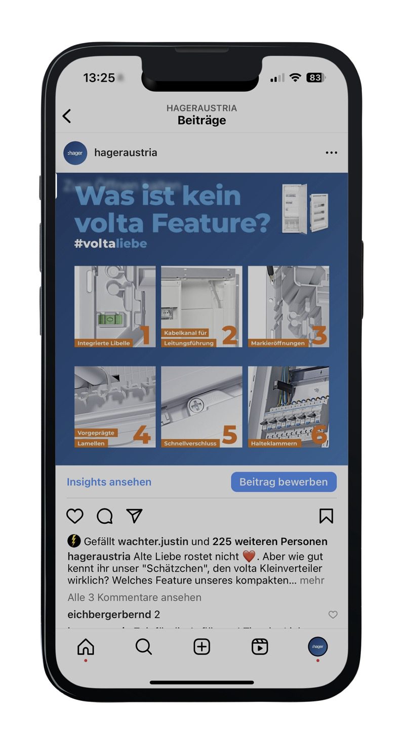 Social Media & Content Marketing für Hager Österreich 7 Instagram-Post von hageraustria mit Quiz: „Was ist kein volta Feature?“ Sechs Bauteile stehen zur Auswahl.