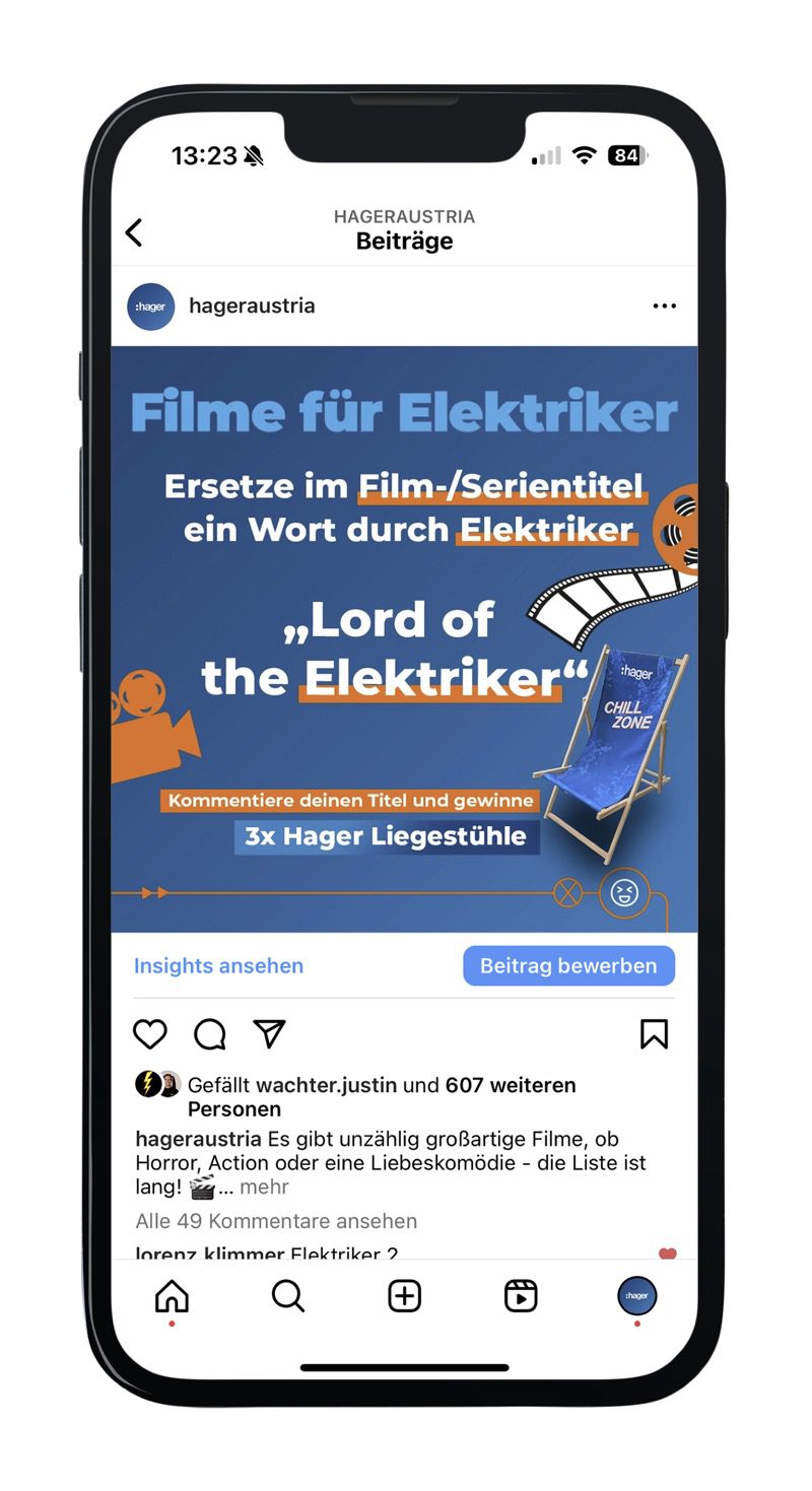 Social Media & Content Marketing für Hager Österreich 11 Instagram-Post mit Gewinnspiel: Ersetze ein Wort im Filmtitel durch „Elektriker“, z. B. „Lord of the Elektriker“.