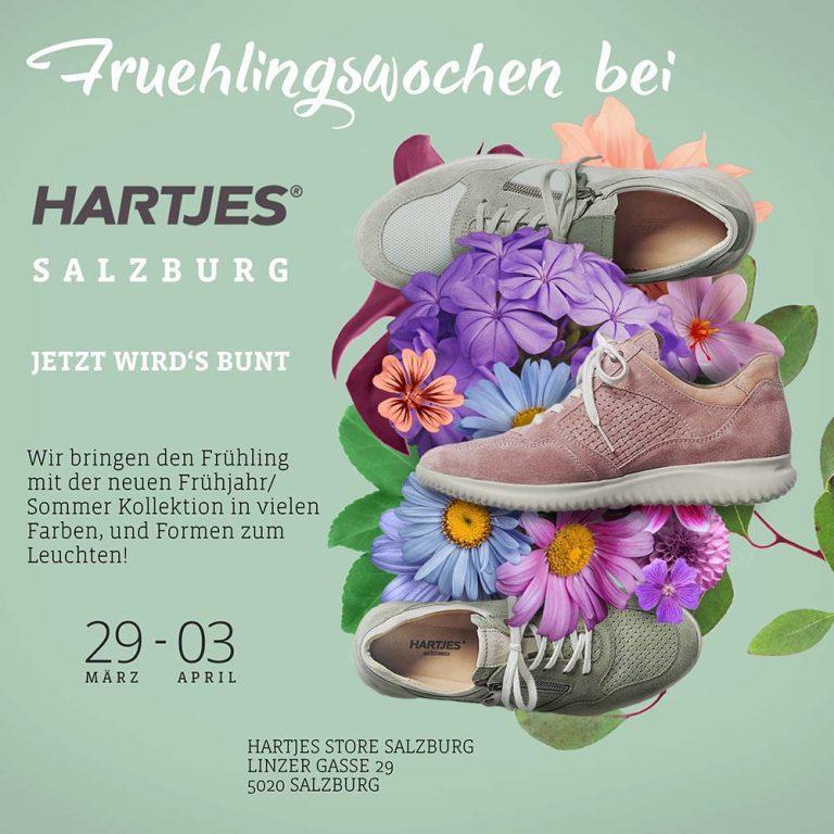 Frühlingswochen bei Hartjes Salzburg mit bunten Schuhen, Blüten und Infos zur neuen Frühjahr-/Sommer-Kollektion im Store.