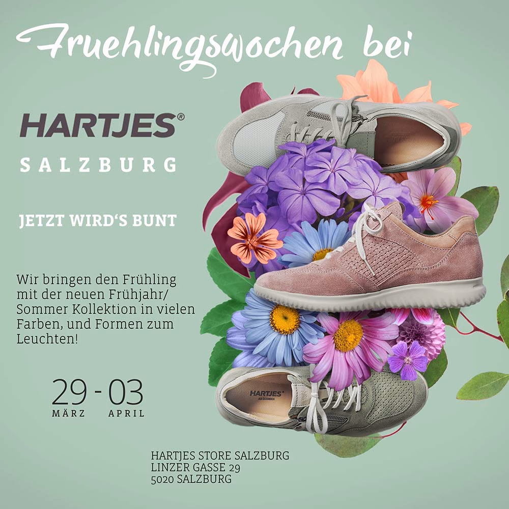 Hartjes Content Marketing, Content Kreation und Performance Marketing 8 Frühlingswochen bei Hartjes Salzburg mit bunten Schuhen, Blüten und Infos zur neuen Frühjahr-/Sommer-Kollektion im Store.
