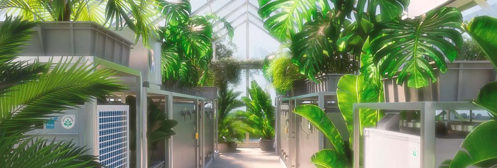 Lead Gen mit Google Ads - Systemair 3 Moderne Gewächshausumgebung mit großen grünen Pflanzen und energiesparenden Klimageräten von Systemair.