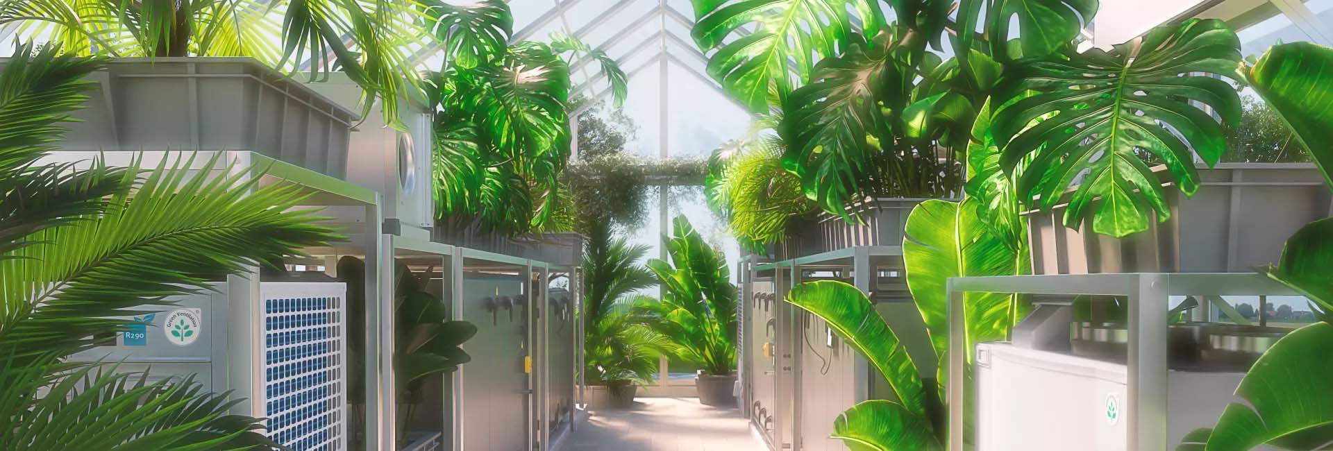 Moderne Gewächshausumgebung mit großen grünen Pflanzen und energiesparenden Klimageräten von Systemair.