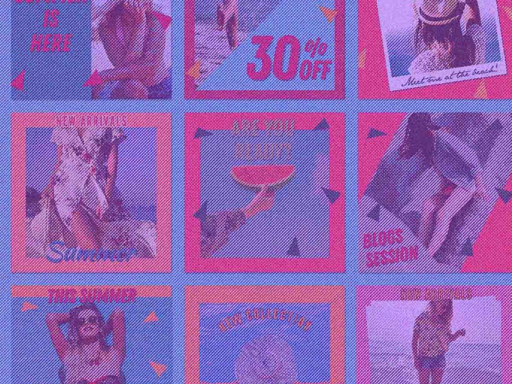 Bunte Social Media Vorschau mit verschiedenen Content-Kacheln, Rabatten, Bildern und Lifestyle-Designs.