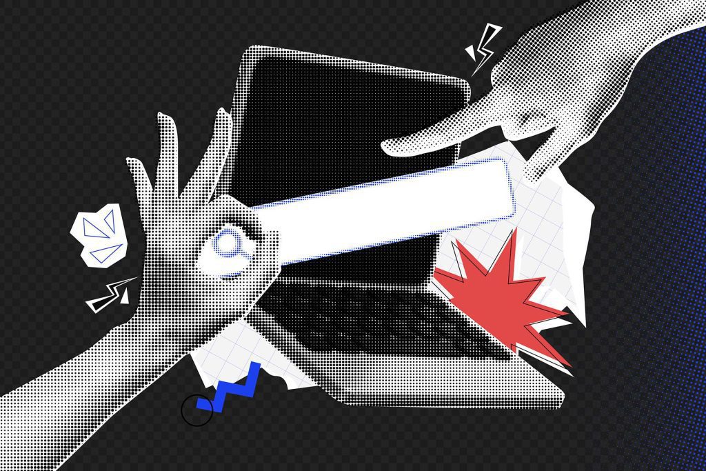 Ich schalte Google Ads. Warum sehe ich meine Werbung nicht? 7 Hände im Halftone Retro Stil die auf einen Laptop mit Google Search Bar zeigen.