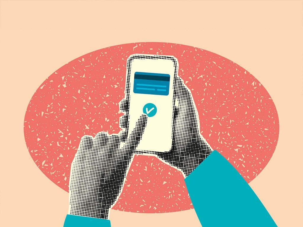 Collage-Stil: Zwei Hände bedienen ein Smartphone mit Häkchen-Symbol – Fokus auf E-Commerce und Zahlungssysteme.