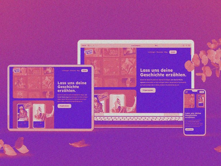 ZENITBLAU Website auf Laptop, Tablet und Smartphone mit dem Claim „Lass uns deine Geschichte erzählen“.