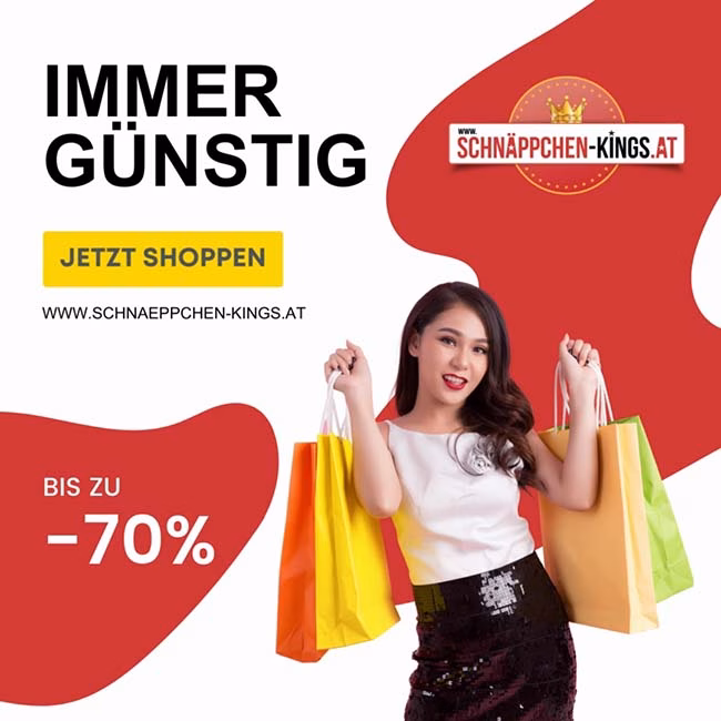 Google & Social Ads, E-Commerce Support für Schnäppchen Kings 1 Video Ad für Schnäppchen Kings. Frau mit Einkaufstaschen und -70% Hinweis.