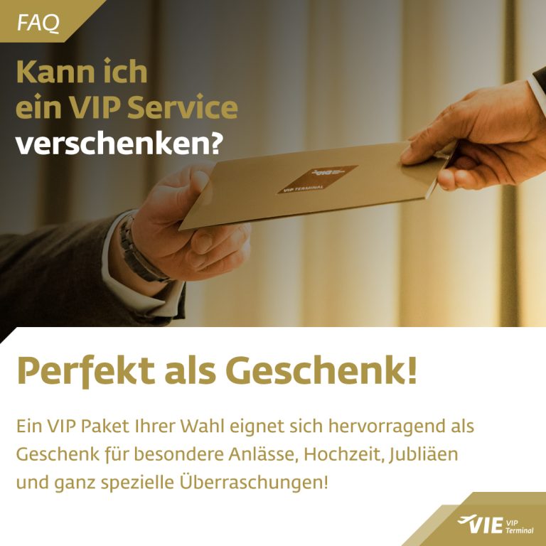 Social Media & Content Marketing für VIP Terminal Vienna Airport 10 Person überreicht goldenen VIP-Umschlag, dazu Text: „Kann ich ein VIP Service verschenken? Perfekt als Geschenk!“