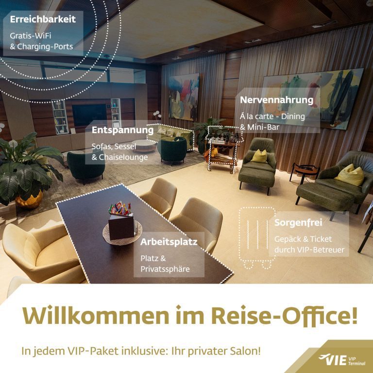 Social Media & Content Marketing für VIP Terminal Vienna Airport 9 Lounge im VIE VIP Terminal mit Infos zu WLAN, Arbeitsplatz, Sofas, Speisen und VIP-Services – Willkommen im Reise-Office.