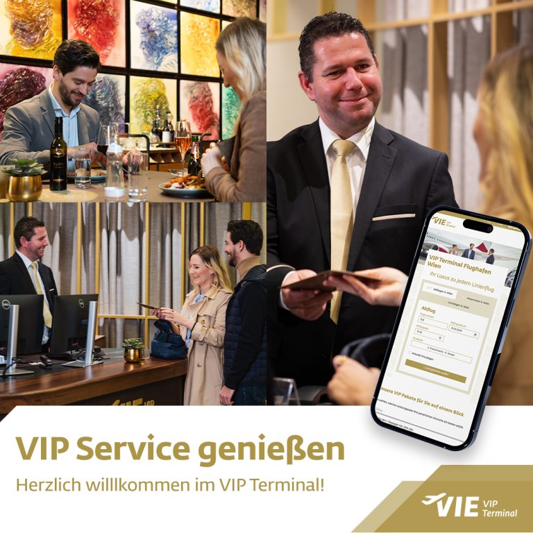 Social Media & Content Marketing für VIP Terminal Vienna Airport 12 Gäste genießen Empfang, Service und Dining im VIE VIP Terminal, dazu Mobilansicht der Buchungsseite am Smartphone.