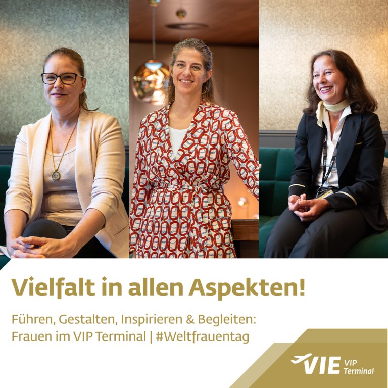 Social Media & Content Marketing für VIP Terminal Vienna Airport 11 Drei Frauen aus dem Team des VIE VIP Terminals in Porträts, Text: Vielfalt in allen Aspekten – #Weltfrauentag.
