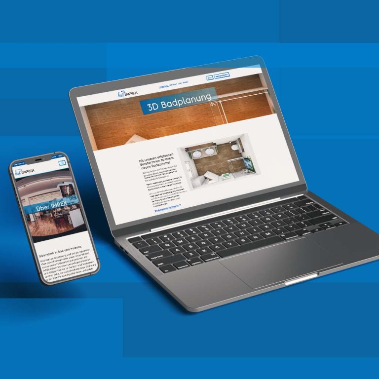 Laptop und Smartphone zeigen die Website von IMPEX mit 3D-Badplanung und Unternehmensinfos auf blauem Hintergrund.