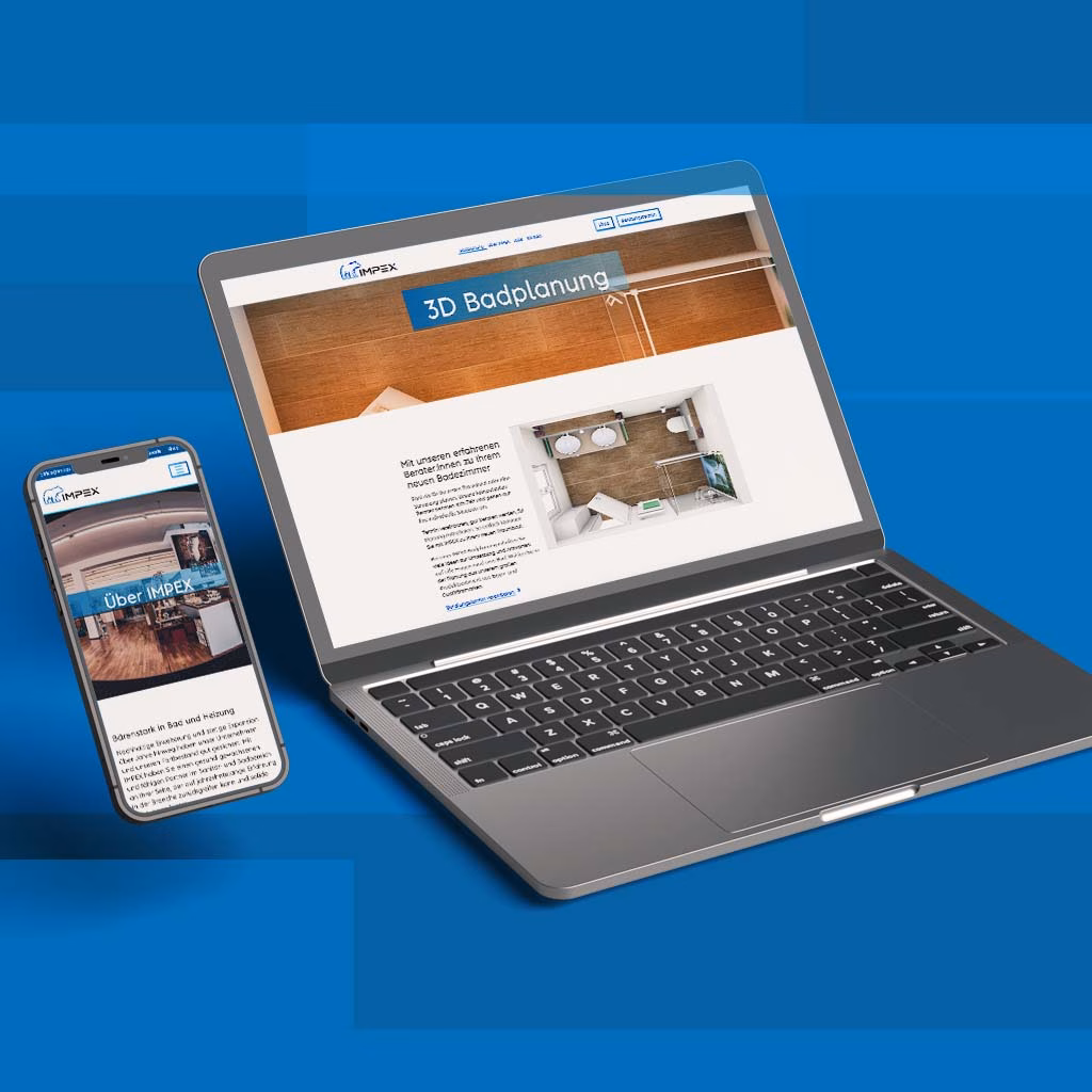 Webdesign für Impex 7 Laptop und Smartphone zeigen die Website von IMPEX mit 3D-Badplanung und Unternehmensinfos auf blauem Hintergrund.