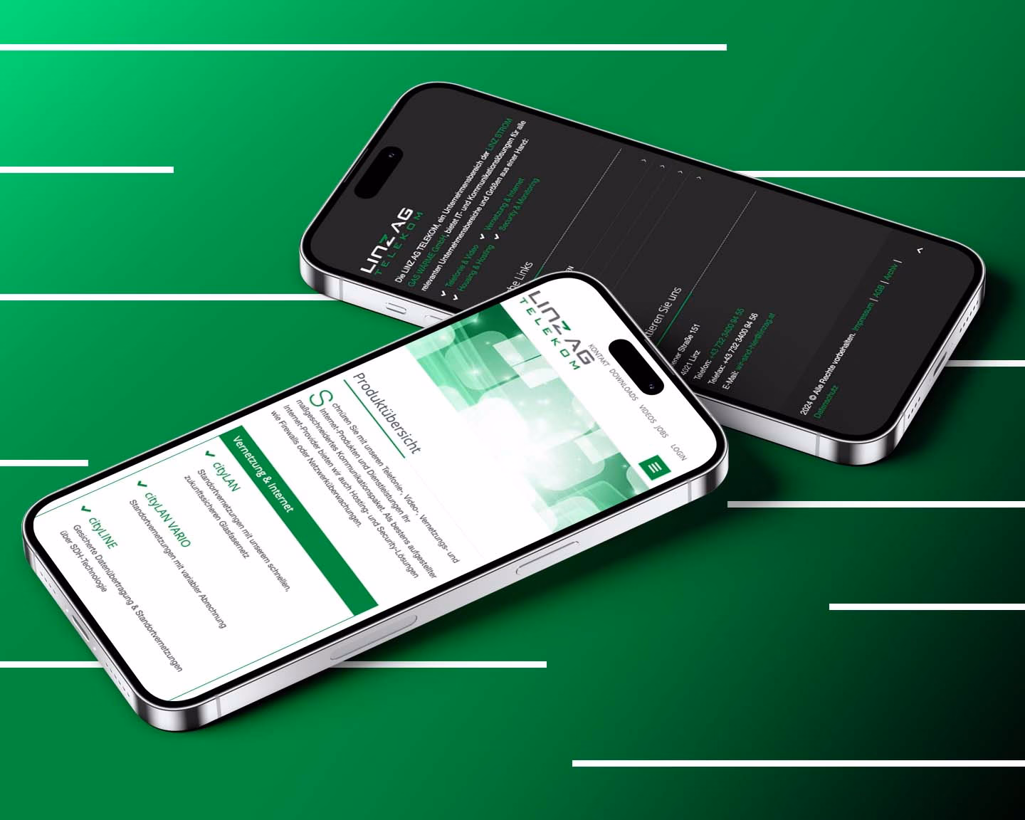 Zwei Smartphones zeigen die Website von LINZ AG Telekom mit Produktübersicht und Footeransicht auf grünem Hintergrund.