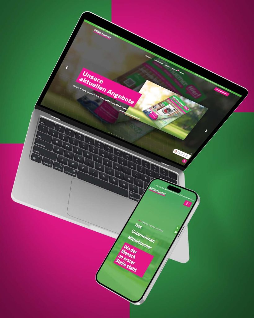 Webentwicklung und Design für Mitterhuemer Steyr 5 Laptop und Smartphone zeigen Mitterhuemer-Website mit Angeboten und dem Claim: „Wo der Mensch an erster Stelle steht“.