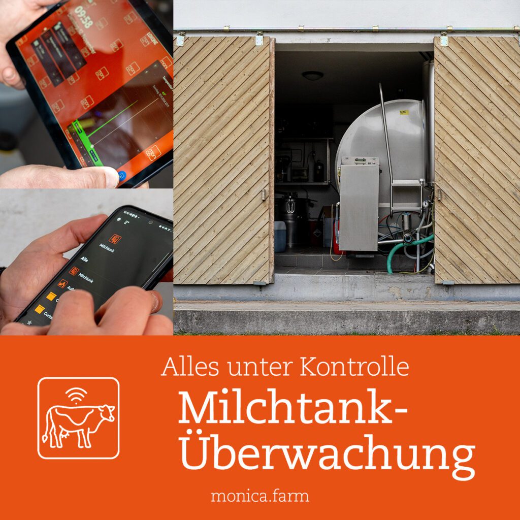 Tablet, Smartphone und Milchtank in App-gesteuerter Umgebung, Text: „Milchtank-Überwachung – Alles unter Kontrolle“.