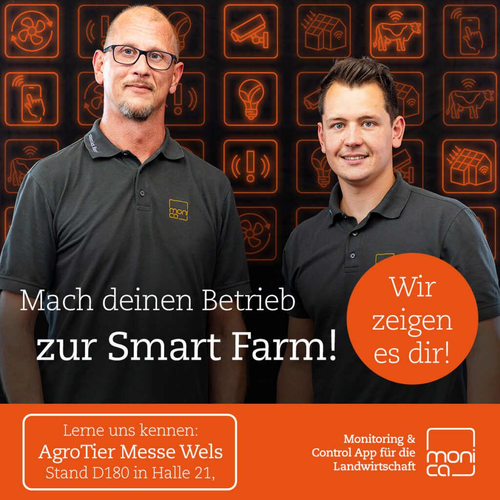 Zwei Männer im monica-Polo vor Icons zur Landwirtschaftsautomation, Text: „Mach deinen Betrieb zur Smart Farm!“, mit Messehinweis zur AgroTier Wels.