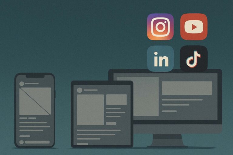 verschiedene devices mit mockups von social media postings