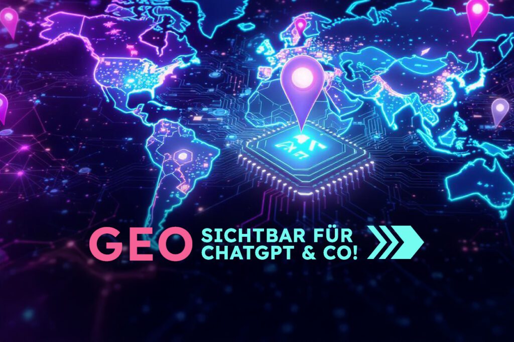 GEO statt nur SEO: So wirst du für ChatGPT & Co. sichtbar 6 Landkartendesign in grellen Neonfarben, die unterschiedlichen Länder sind verknüpft und verlaufen alle hin zu einem großen Server