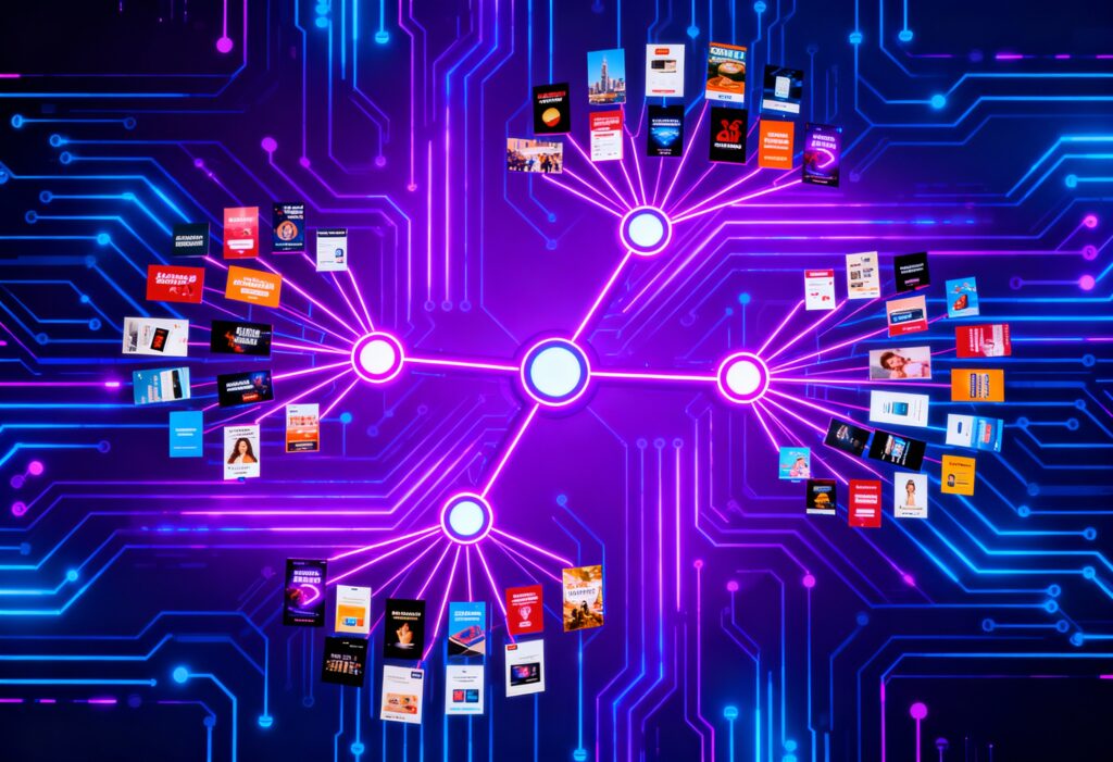 Baumdiagramm, welches aus 4 zentralen Punkten, bzw. Kampagnen besteht, von welchen jeweils viele Äste, bzw. Creatives abzweigen