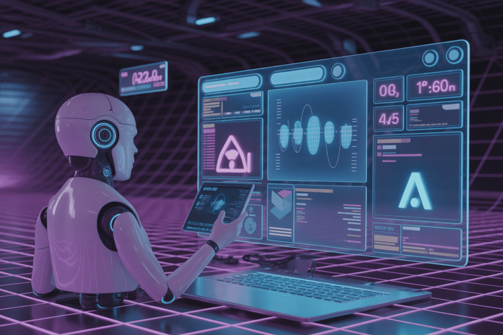 KI-Roboter, welcher am Computer eine Kampagne am analysieren ist