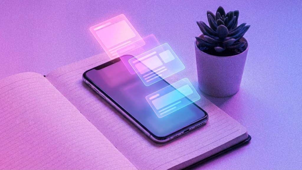 Ein Smartphone mit leuchtenden Benutzeroberflächen über einem Notizbuch neben einer Topfpflanze im neonfarbenen Licht.