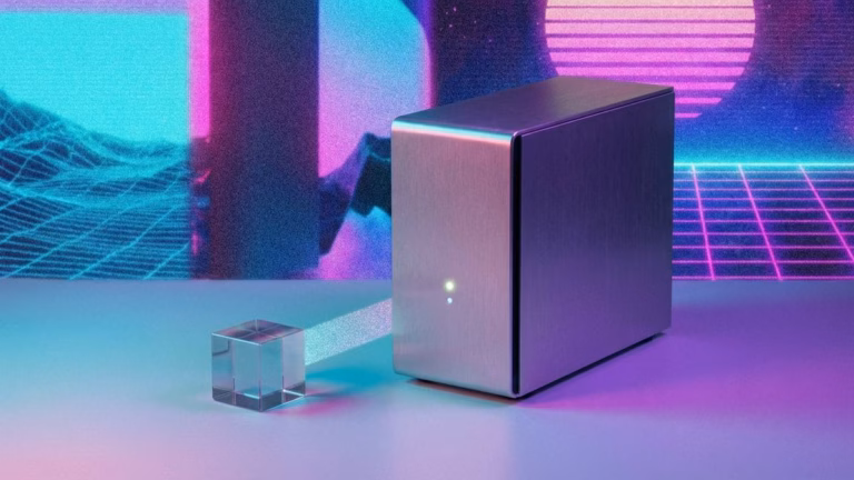 Silberner Computer mit zwei Lichtern davor, ein Glaskubus auf einem futuristischen Hintergrund.