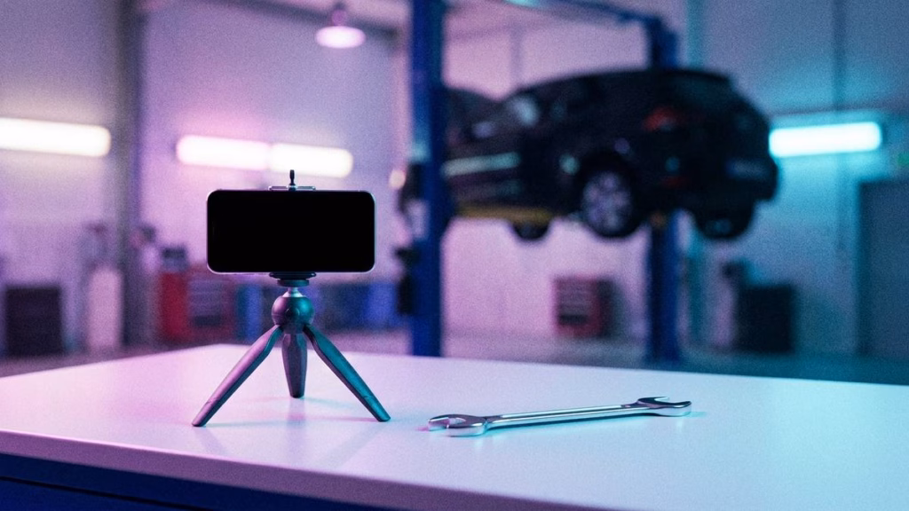 Smartphone auf einem Stativ und ein Schraubenschlüssel in einer Autowerkstatt.