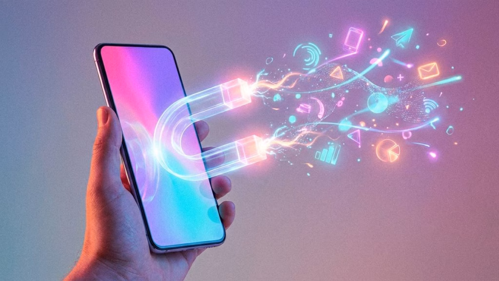 Social Media Hooks: Was sie sind und welche (auch für B2B) funktionieren 22 Ein Smartphone wird von einem glühenden Magneten erfasst und zieht Symbole und Daten an.