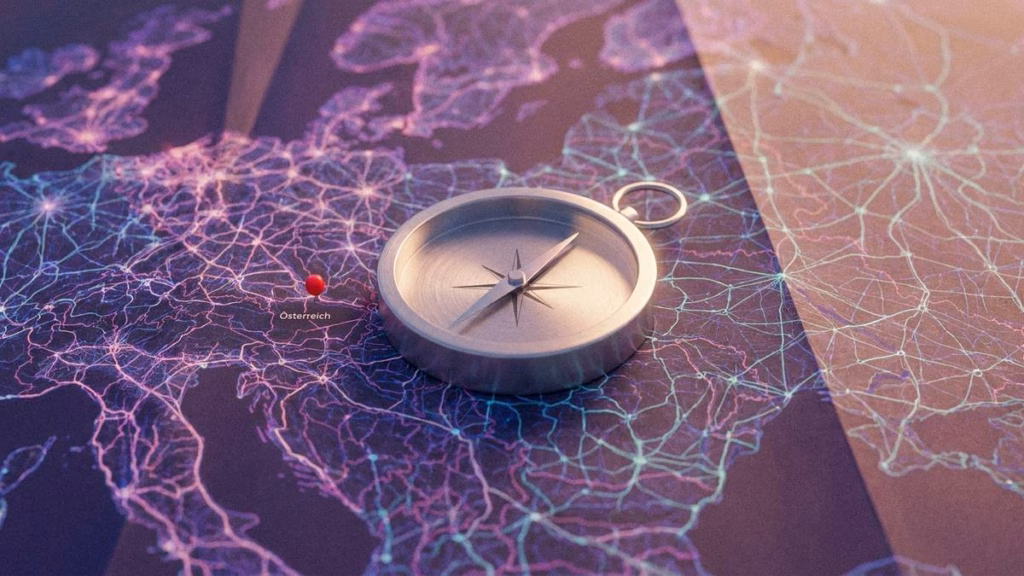 SEO, GEO oder AEO? Wie dein Unternehmen zur Antwort wird 22 Ein Kompass auf einer Karte von Europa mit einem roten Stecknadelpunkt in Österreich.